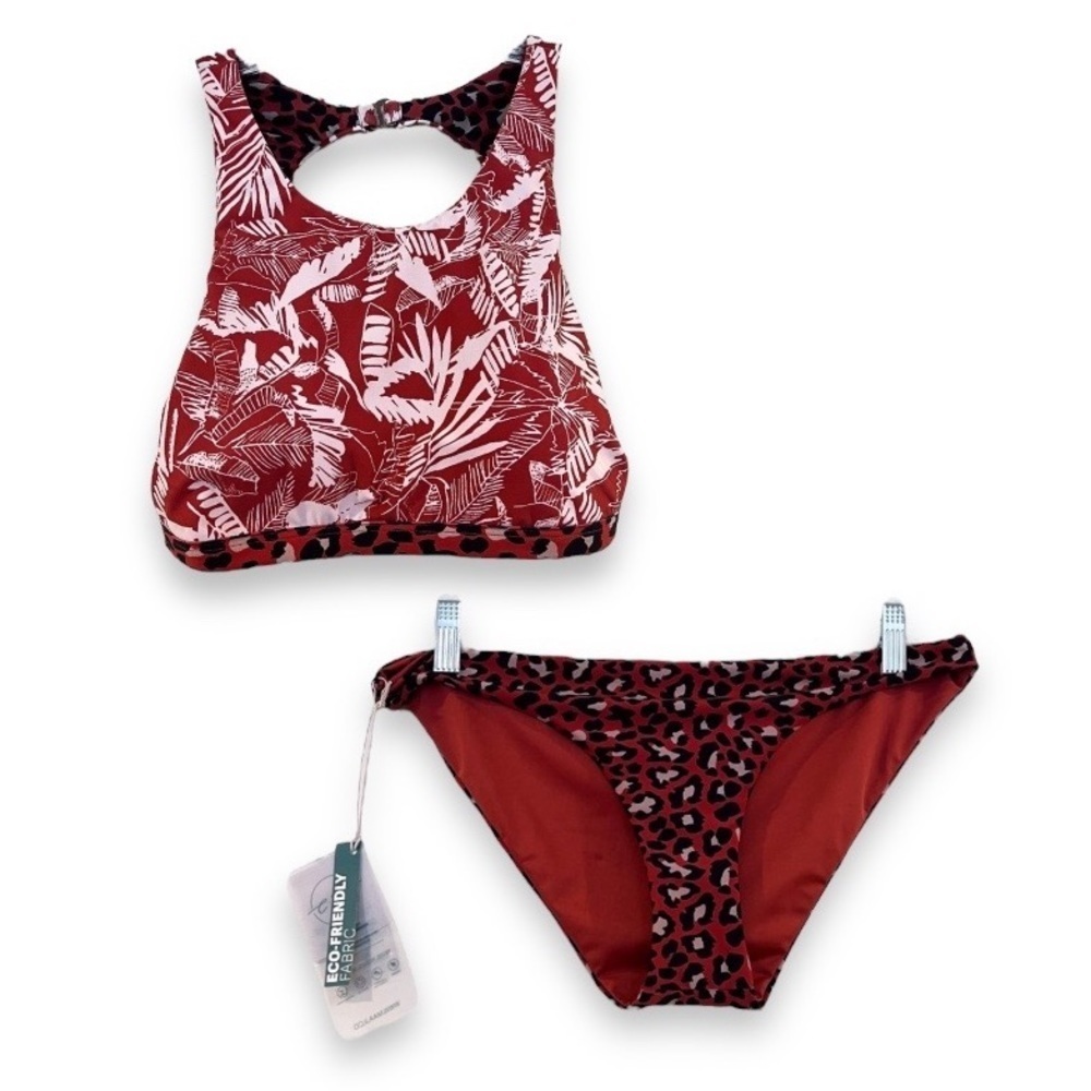 MAAJI Reversible Red Leopard Floral Cut Out Back Tropical Resortwear Bikini M/XL